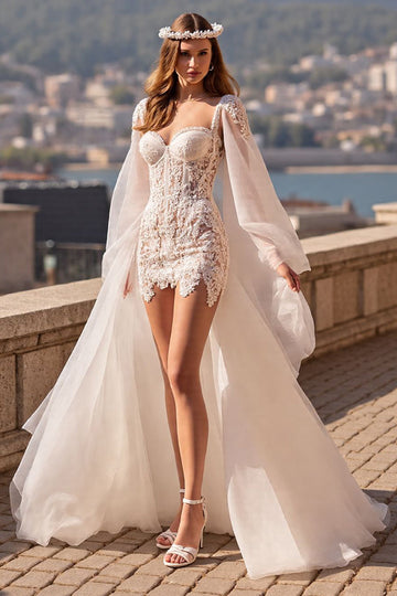 Flutter Sleeve Ivory Bodycon Lace Corset Wedding Dress